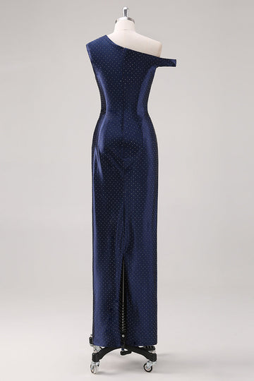 Navy Slire En Skulder Beaded Formell Kjole